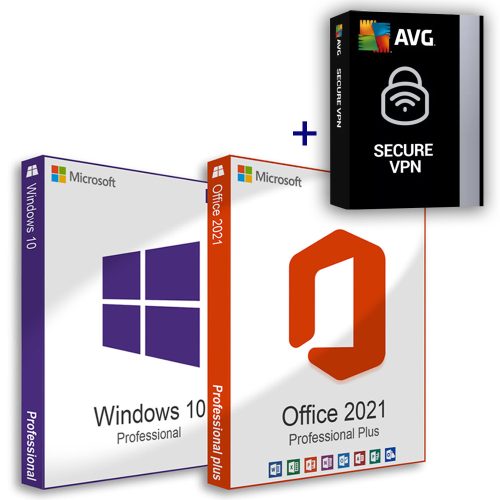 Microsoft Windows 10 Pro (OEM) + Office 2021 Professional Plus (Activare on-line) + AVG Secure VPN (5 dispozitive / 1 an) Small Business Pack